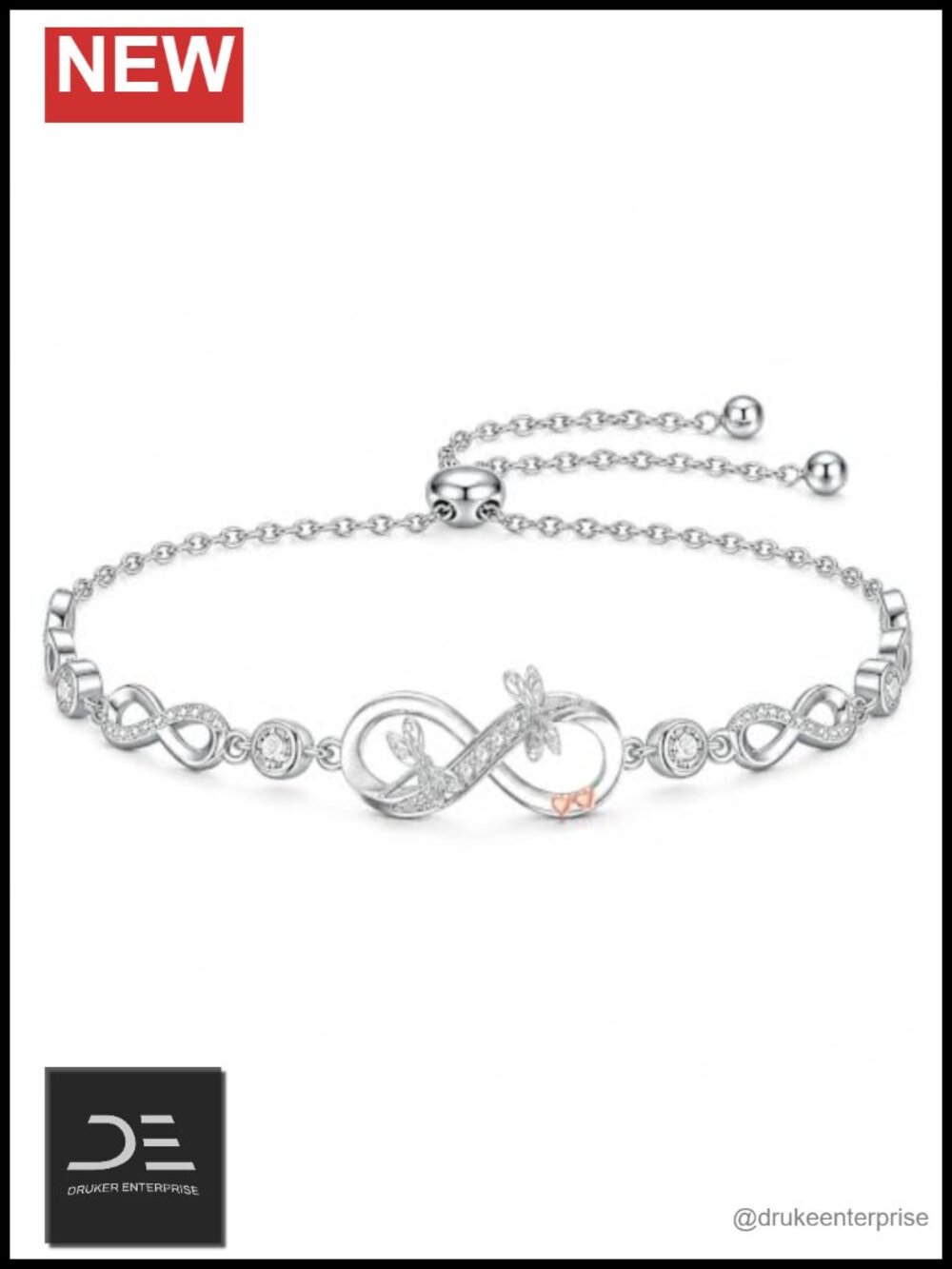 925 Sterling Silver Infinity Dragonfly Link Bracelet Adjustable 7+2 Extender